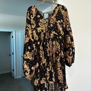Free People Black and Gold Paisley Long Sleeve Dress